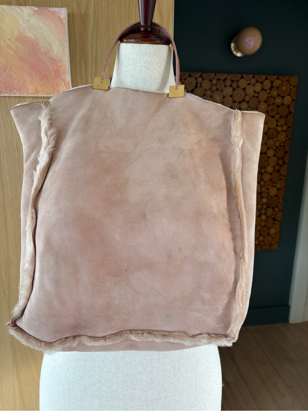 Emanuel Ungaro Blush Suede Shearling Tote with Gold Accents
